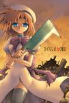  beret black_legwear bow copyright_name hat hatchet higurashi_no_naku_koro_ni holding holding_weapon kurogarasu looking_at_viewer nose_hatchet orange_hair ryuuguu_rena short_hair solo sunset thighhighs weapon 