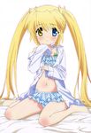  absurdres arms_up artist_request bangs bikini blonde_hair blue_bikini blue_eyes blurry blush breasts frilled_bikini frills heterochromia highres long_hair nakatsu_shizuru official_art open_clothes rewrite sleeves_past_wrists solo source_request swimsuit twintails very_long_hair yellow_eyes 