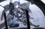  ace_combat ace_combat_x aircraft airplane armor bodysuit boots commentary_request gloves gun headgear heads-up_display long_hair looking_at_viewer machinery mecha_musume military military_vehicle personification pov silver_eyes silver_hair solo thighhighs tom-neko_(zamudo_akiyuki) weapon wings yr-99_forneus 