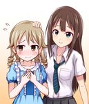  blonde_hair blush brown_eyes brown_hair dress_shirt drill_hair flying_sweatdrops gradient gradient_background greave_(asterism) green_eyes idolmaster idolmaster_cinderella_girls morikubo_nono multiple_girls necktie petting school_uniform shibuya_rin shirt short_hair short_sleeves 