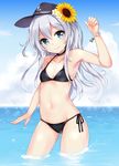  ass_visible_through_thighs bangle bikini black_bikini blue_eyes blue_sky blush bracelet breasts choker cloud colis_(regunm772) collarbone day eyebrows eyebrows_visible_through_hair flat_cap flower grey_hair groin hair_between_eyes hair_flower hair_ornament hat head_tilt hibiki_(kantai_collection) horizon jewelry kantai_collection lens_flare long_hair looking_at_viewer navel ocean roman_numerals side-tie_bikini sky small_breasts smile solo sparkle standing sunflower_hair_ornament swimsuit wading water 