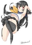  armpits arms_up asymmetrical_legwear bangs black_hair black_legwear black_skirt blush breasts ebifurya eyebrows eyebrows_visible_through_hair full_body groin hair_ribbon highres isokaze_(kantai_collection) kantai_collection kneehighs legs_folded long_hair looking_at_viewer medium_breasts navel no_panties parted_lips pleated_skirt red_eyes red_ribbon ribbon school_uniform serafuku shoes simple_background skirt sleeveless solo stomach thighhighs twitter_username upshirt white_background 