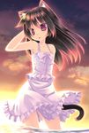 animal_ears arm_up bare_shoulders black_hair cat_ears cat_tail dress hand_in_hair long_hair looking_at_viewer original purple_eyes solo sumikaze tail white_dress 
