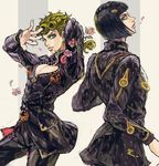  aqua_eyes aqua_nails black_hair blonde_hair bob_cut braid bruno_buccellati flower giorno_giovanna hair_ornament hairclip highres jojo_no_kimyou_na_bouken looking_back male_focus multiple_boys nail_polish pose single_braid star star-shaped_pupils striped striped_background symbol-shaped_pupils too_(jhjf) zipper 