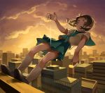  1girl braid building city cityscape eyes_closed falling female original outdoors skirt skyscraper solo sunset tensen 