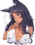  1girl :d animal_ear_fluff animal_ears bare_arms bare_shoulders black_hair blue_eyes breast_pocket breasts cleavage collarbone commentary_request dark_skin eyebrows_visible_through_hair hand_on_own_chin hand_up head_tilt kasuka_(kusuki) large_breasts long_hair open_mouth original pocket shirt simple_background sleeveless sleeveless_shirt smile solo tied_shirt translation_request upper_body white_background white_shirt wolf_ears 