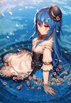  alternate_headwear blue_hair corset dress embellished_costume flower food frills fruit hat highres hinanawi_tenshi kikugetsu light_smile long_hair mini_hat partially_submerged peach petals petals_on_liquid red_eyes reflection sitting sky solo touhou water 