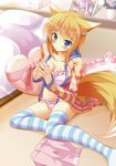  :t analog_clock animal_ears bangs bed bedroom blonde_hair blue_eyes blush bra breasts cleavage clock commentary_request flower fox_ears fox_tail frilled_bra frilled_panties frilled_pillow frills from_above heart heart_pillow indoors kasumi_toshizou long_hair looking_at_viewer medium_breasts no_pants on_floor open_clothes open_shirt original panties photo_(object) pillow pink_bra pink_panties pink_skirt plant potted_plant shirt sidelocks sitting skirt skirt_removed solo steepled_fingers striped striped_legwear striped_shirt tail takataka thighhighs underwear very_long_hair yokozuwari 