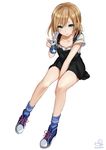  2015 aqua_eyes between_legs blue_legwear brown_hair can dated dress full_body hand_between_legs long_legs looking_at_viewer miyamori_aoi overall_skirt pinafore_dress pisuke shirobako shoes short_hair signature simple_background sitting sneakers socks solo white_background 