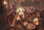  1girl 6+boys alcohol beer beer_mug cape chair elbow_gloves fang fingerless_gloves food gloves green_eyes horns indoors july_(shichigatsu) multiple_boys open_mouth original sidelocks sitting sleeveless spork tavern 