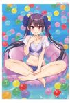  absurdres aihara_shouta bikini blue_bikini brown_hair highres innertube long_hair looking_at_viewer navel original partially_submerged purple_eyes see-through sitting smile solo swimsuit twintails very_long_hair water 