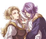  2boys blonde_hair brown_eyes camilla_(fire_emblem_if) closed_eyes fangs fire_emblem fire_emblem_if genderswap genderswap_(ftm) genderswap_(mtf) hair_over_one_eye hotate_rayan hug hug_from_behind long_hair looking_at_another male_my_unit_(fire_emblem_if) marks_(fire_emblem_if) multiple_boys my_unit_(fire_emblem_if) one_eye_closed parted_lips pointy_ears purple_hair red_eyes sandwiched silver_hair 