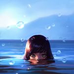  backlighting bathing black_hair blurry day depth_of_field green_eyes horizon ilya_kuvshinov looking_at_viewer original outdoors partially_submerged reflection solo sunlight water water_drop water_surface 