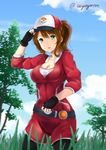  adjusting_clothes adjusting_hat baseball_cap belt black_legwear blue_sky breasts brown_hair cleavage cloud day female_protagonist_(pokemon_go) fingerless_gloves gloves grass green_eyes hat holding holding_poke_ball kouno_(uiyoyo199) large_breasts leggings long_hair outdoors poke_ball pokemon pokemon_go ponytail sky solo tree twitter_username 