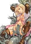  blonde_hair boots breasts collarbone djeeta_(granblue_fantasy) elbow_gloves empty_eyes gloves granblue_fantasy hair_intakes medium_breasts monster navel nipples saliva saliva_trail short_hair simple_background spread_legs tears tentacles thigh_boots thighhighs torn_clothes white_background zutta 
