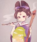  fujimi_gozen grey_background holding holding_pipe japanese_clothes kimono kiseru kouhara_yuyu nail_polish oiran pipe pointy_ears red_nails smoke smoking solo staff youkai youkai_watch 