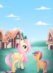  building cloud cub cutie_mark day duo equine eye_contact female fluttershy_(mlp) friendship_is_magic grass green_eyes hair hi_res horse magenta_hair mammal my_little_pony orange_body outside pastelmistress pegasus pink_hair pony ponyville purple_eyes scootaloo_(mlp) sky wings yellow_body young 