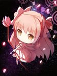  arrow big_head bow_(weapon) chibi dress highres kaname_madoka magical_girl mahou_shoujo_madoka_magica pink_hair red_flowers smile solo space spoilers two_side_up ultimate_madoka weapon white_dress white_wings wings yellow_eyes 