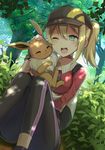  ;d baseball_cap blonde_hair blush breasts dappled_sunlight eevee female_protagonist_(pokemon_go) gen_1_pokemon green_eyes happy hat highres large_breasts leggings long_hair one_eye_closed open_mouth pokemon pokemon_(creature) pokemon_go ponytail sitting smile sunlight tadaomi_(amomom) 