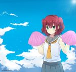  aqua_eyes artist_name bangs cloud cloudy_sky danraku day green_eyes hair_between_eyes highres kurosawa_ruby love_live! love_live!_sunshine!! neckerchief pleated_skirt pom_poms red_hair school_uniform serafuku skirt sky sleeveless smile solo sparkle tie_clip two_side_up uranohoshi_school_uniform yume_kataru_yori_yume_utaou 