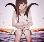  :&gt; blurry brown_hair closed_mouth collarbone cuts depth_of_field dress flower highres holding holding_flower injury log long_hair looking_away minamito original outdoors purple_eyes sitting skull solo spaghetti_strap white_dress 