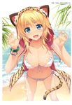 :d absurdres alpha_(yukai_na_nakamatachi) animal_ears animal_hood animal_print ass_visible_through_thighs beach bikini blonde_hair blue_eyes bracelet breasts cleavage collarbone cropped fang foreshortening front-tie_bikini front-tie_top highres hood hoodie jewelry large_breasts looking_at_viewer navel open_clothes open_hoodie open_mouth outdoors paw_pose scan side-tie_bikini smile solo string_bikini swimsuit tail tiger_ears tiger_print tiger_tail white_bikini 