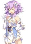  absurdres armor bare_shoulders blush hair_ornament highres knight looking_at_viewer neptune_(choujigen_game_neptune) neptune_(series) normaland one_eye_closed open_mouth purple_eyes purple_hair short_hair smile solo v 
