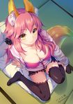  animal_ears arm_support breasts casual cleavage fate/extra fate/extra_ccc fate_(series) fox_ears fox_tail from_above large_breasts leaning_back long_hair looking_at_viewer looking_up pink_hair scrunchie sitting smile solo tail tamamo_(fate)_(all) tamamo_no_mae_(fate) tatami thighhighs wariza yellow_eyes youqiniang 
