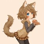  animal_ears blue_eyes blush cat_day cat_ears cat_tail dennou_usagi eating food looking_at_viewer messy_hair original pantyhose pleated_skirt short_hair simple_background skirt solo sweater tail taiyaki wagashi 