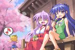  blue_hair cherry_blossoms closed_eyes detached_sleeves dress eating eighth_note furude_rika hakama hanyuu higurashi_no_naku_koro_ni horns houjou_satoko japanese_clothes kurogarasu long_hair lowres miko multiple_girls musical_note one_eye_closed open_mouth purple_hair red_hakama short_hair sitting smile speech_bubble spoken_musical_note tree 