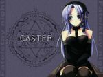  black_gloves black_legwear caster choker elbow_gloves fate/stay_night fate_(series) gloves gothic kneeling lace lace-trimmed_gloves long_hair pointy_ears purple_eyes purple_hair shingo_(missing_link) solo thighhighs wallpaper zettai_ryouiki 