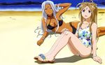  aa_megami-sama antenna_hair beach belldandy bikini blue_eyes bracelet breasts brown_hair cleavage dark_skin day facial_mark floral_print forehead_mark highres jewelry kuwabara_yuki large_breasts long_hair multiple_girls one-piece_swimsuit purple_eyes ring sandals swimsuit urd very_long_hair wallpaper white_hair 