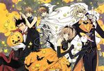  3boys absurdres animal_ears bandages bat bat_ears black_hair blonde_hair blue_eyes brown_hair clamp closed_eyes demon_tail dress elbow_gloves fang fay_d_flourite gloves halloween heterochromia highres horn kurogane_(tsubasa_chronicle) mokona multiple_boys open_mouth orange_dress pumpkin short_hair tail tsubasa_chronicle xiaolang 