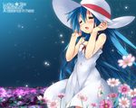  =_= blue_hair cosmos_(flower) flower hat izumi_kanata long_hair lucky_star mizuki_makoto night solo very_long_hair 