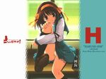  black_legwear brown_hair ikegami_akane kita_high_school_uniform long_sleeves orange_panties panties school_uniform serafuku short_hair solo striped striped_panties suzumiya_haruhi suzumiya_haruhi_no_yuuutsu underwear 