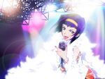 artist_request cowboy_bebop earrings faye_valentine green_eyes hairband highres jewelry microphone music official_art purple_hair singing solo stage 