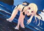  :d bent_over bikini blonde_hair day dutch_angle highres ieuji_kazuno murakami_suigun ocean open_mouth red_eyes scan side-tie_bikini silvery_white smile solo swimsuit twintails wading water 