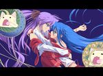  artist_request blue_eyes blue_hair eye_contact eyelashes green_eyes hair_ornament hair_ribbon hiiragi_kagami hug izumi_konata letterboxed long_hair looking_at_another lucky_star miko_embrace multiple_girls nyamou parody purple_hair ribbon ryouou_school_uniform school_uniform serafuku twintails very_long_hair wallpaper yuri 