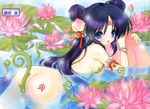  ass blue_eyes blue_hair blush breasts copyright_request flower food fruit highres lily_pad looking_back lotus medium_breasts nipples nude peach pussy ramiya_ryou solo water 
