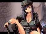  bangs bdsm belt black_legwear blue_eyes blue_hair blunt_bangs boots bow bracelet breasts cleavage cuffs dominatrix fuutou_shizune hair_bow handcuffs hat head_tilt highres huge_breasts jewelry knee_boots letterboxed long_hair looking_at_viewer midriff nagahama_megumi oshioki_sweetie peaked_cap police police_uniform policewoman ponytail short_shorts shorts sidelocks sitting smile solo spiked_bracelet spikes spread_legs studded_belt uniform very_long_hair wallpaper weapon zoom_layer 