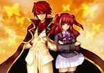  1girl belt bow bowtie brother_and_sister bug butterfly crossed_arms greave_(asterism) hair_bobbles hair_ornament insect red_hair siblings skirt thighhighs twintails umineko_no_naku_koro_ni ushiromiya_ange ushiromiya_battler zettai_ryouiki 