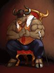  2016 anthro biceps big_muscles bovine brown_eyes brown_fur bulge cane cattle chair clothed clothing digital_media_(artwork) eclipsewolf front_view fur hat hi_res hooves horn looking_at_viewer male mammal musclegut muscular muscular_male necktie pants pecs sitting solo suspenders throne tusks vein 
