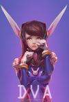  2016 absurdres animal_print artist_name bangs bodysuit bracer breasts brown_eyes brown_hair bunny_print character_name clenched_hands d.va_(overwatch) dated facepaint facial_mark gloves hands_up headphones highres lips long_hair looking_at_viewer luckiiy medium_breasts overwatch parted_lips pauldrons pilot_suit pink_lips ribbed_bodysuit shoulder_pads solo tearing_up turtleneck upper_body whisker_markings white_gloves 