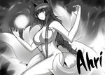  ahri animal_ears braid breasts character_name cleavage cowboy_shot darabuchi facial_mark fox_ears fox_girl fox_tail greyscale groin large_breasts league_of_legends long_hair looking_away monochrome multiple_tails sideboob single_braid slingshot_swimsuit solo swimsuit tail 