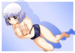  :t barefoot blue_background blush breast_hold breasts brown_eyes covering covering_breasts eyebrows eyebrows_visible_through_hair full_body grabbing gradient gradient_background kouda_tomohiro large_breasts looking_at_viewer new_school_swimsuit school_swimsuit self_fondle short_hair silhouette silver_hair solo strap_slip swimsuit tonari_no_seki-kun topless yokoi_rumi 