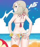  adjusting_clothes adjusting_swimsuit ass back beach bikini blonde_hair blue_eyes butt_crack floral_print hair_ornament hairclip kuroonehalf looking_at_viewer looking_back ocean persona persona_5 smile solo swimsuit takamaki_anne twintails 