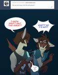  2016 anthro arno ask_blog blue_background brown_hair cat celio clothing dialogue duo english_text feline fur hair holding_object male mammal multicolored_fur open_mouth peritian scared shirt shocked siamese sibling simple_background smile stare tank_top text tumblr twins two_tone_fur 