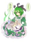  &gt;_&lt; apron closed_eyes commentary_request dress ear_cleaning full_body ghost_tail green_dress green_eyes green_hair hat japanese_clothes juliet_sleeves kariginu long_sleeves maid_apron mimikaki mimippu mononobe_no_futo multiple_girls ofuda pom_pom_(clothes) protected_link puffy_sleeves purple_skirt short_hair skirt soga_no_tojiko squiggle sweat tate_eboshi touhou translated trembling wide_sleeves younger 