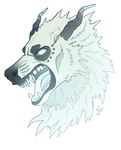  anthro canine demon fangs fur hitmore horn hybrid male mammal monochrome no_pupils open_mouth simple_background solo teeth tongue white_background 