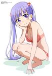  absurdres bangs barefoot bikini blunt_bangs blush breasts cleavage closed_mouth feet flower from_side front-tie_bikini front-tie_top full_body hair_flower hair_ornament hand_on_own_cheek head_tilt highres kikuchi_ai lavender_hair legs legs_together light_smile long_hair looking_at_viewer medium_breasts megami navel new_game! non-web_source official_art plaid plaid_bikini purple_eyes purple_hair shadow side-tie_bikini simple_background smile solo squatting strap_gap suzukaze_aoba swimsuit twintails very_long_hair white_background 